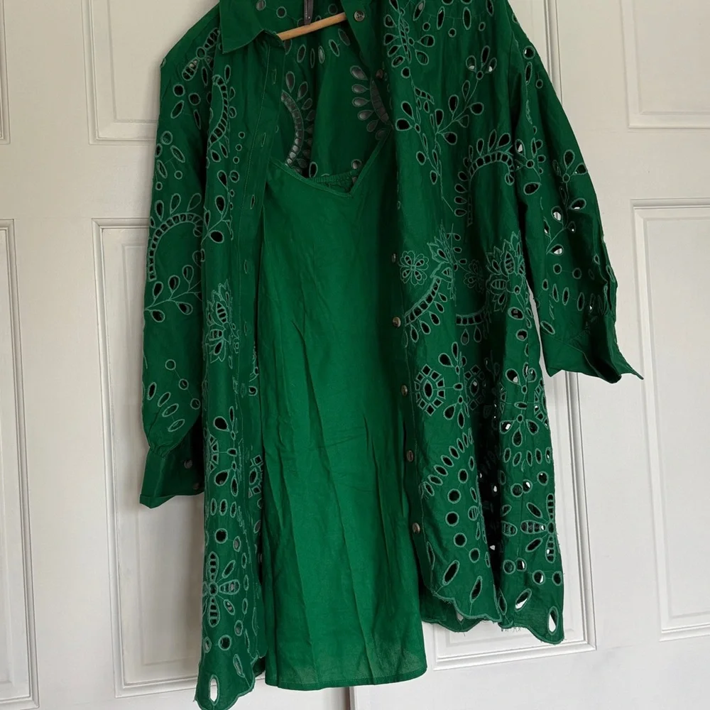 Anthropologie Green Eyelet Dress with slip dress - Picture 8 of 8